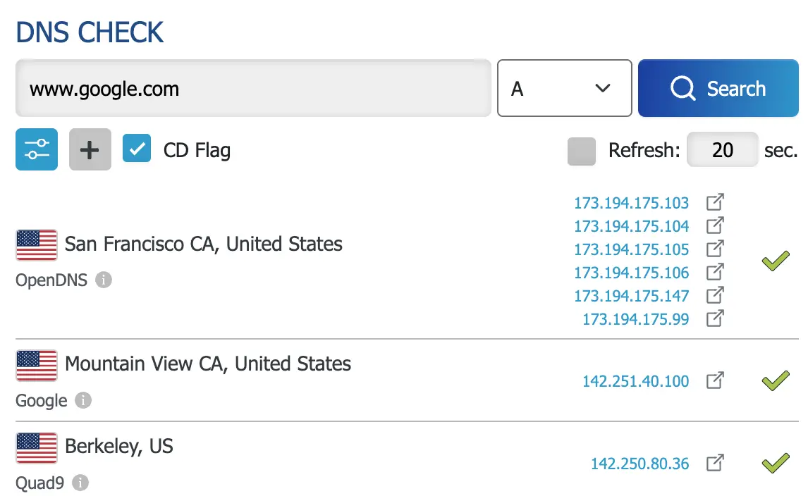 DNS resolves for google.com